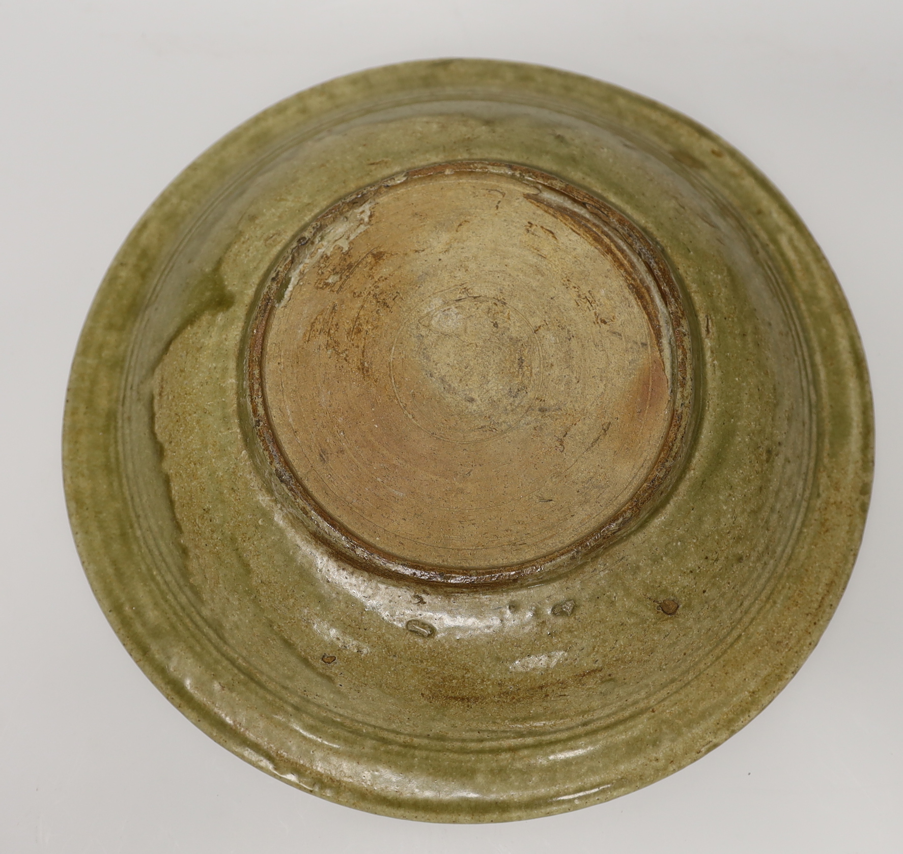 A Thai Sawankhalok celadon dish, 35cm, four rice and tea bowls and a double gourd vase